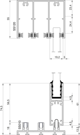 Aliplast Slide Glass – Schemat XXO · przekrój pionowy · rama przesuwna 18/55 mm · skrzydło przesuwne 61 mm