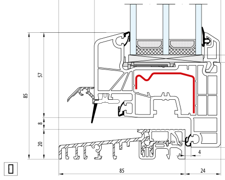 IDEAL 8000 – Próg 20 mm · Skrzydło 77 mm